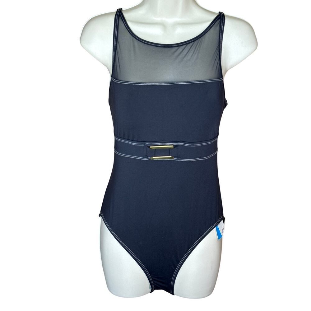 Bleu Rod Beattie Black Belted Mesh Top One Piece Swim Suit 6 NWT